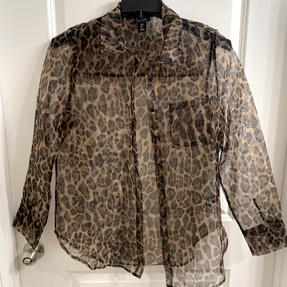 Nicole Miller Sheer Animal Print Button Up Blouse